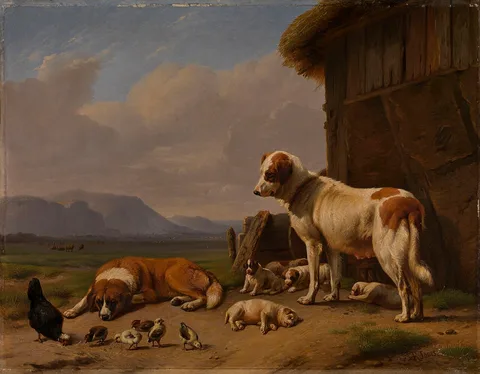 Daniël-Adolphe Roberts-Jones, Landscape with Dogs and Chickens in a Farmyard