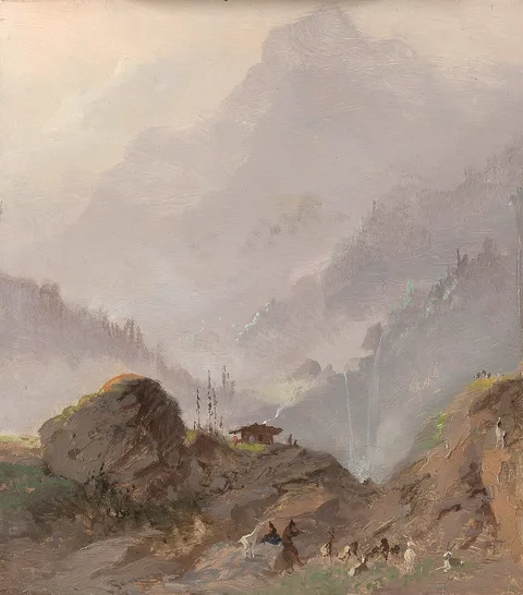 Johannes Tavenraat, Alpine Landscape in Tyrol with Chamois Herd