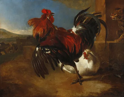 Melchior d'Hondecoeter, Poultry-yard with angered cock