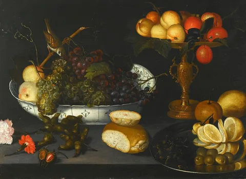 Francesco Codino, Still-life with grapes in a porcelain bowl, fruie in a gilt tazza and other objects