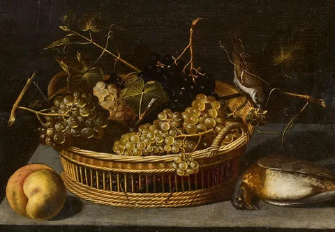 Francesco Codino, Still Life with a Basket of Grapes, a Peach, and Birds