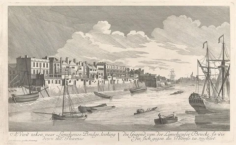 Georg Daniel Heumann, A View taken near Limehouse Bridge, looking down the Thames