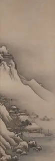 Unkoku Tōeki, Landscape of Winter and Spring, from a triptych of Bodhidharma and Landscapes of the Four Seaons
