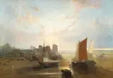 John Wright Oakes, A coastal scene with figures by beached fishing boats in the foreground