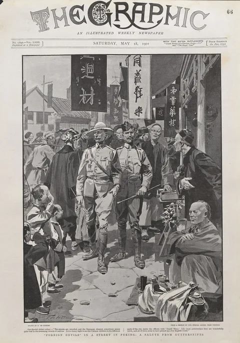 Frederick Whiting, Foreign devils' in a street in Peking: a salute from guttersnipes. Drawn by F. de Haenan from a sketch by our special artist, Fred Whiting