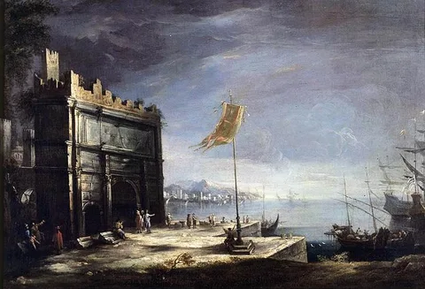 Antonio Stom, Capriccio of a Port Scene with a Classical Arch