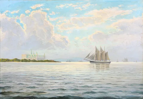 Emanuel Petersen, A sailship in the sun off the coast near Kronborg Castle.