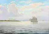 Emanuel Petersen, A sailship in the sun off the coast near Kronborg Castle.