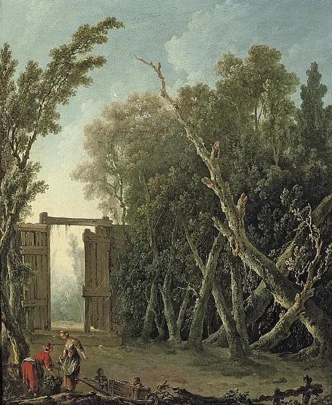 Jacques Nicolas Julliard, A wooded garden with a gate and figures in the foreground