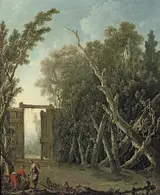 Jacques Nicolas Julliard, A wooded garden with a gate and figures in the foreground