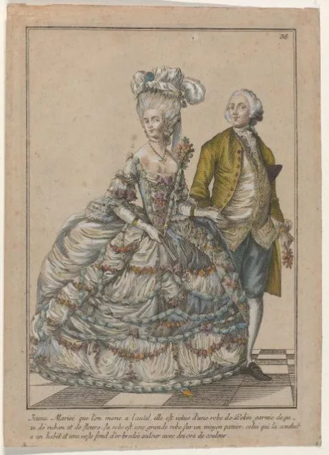 Johann Martin Will, Gallerie des Modes et Costumes Français, 1785, nr. 38, Kopie naar Y 133 : Jeune Mariée que l'on mene a l'autel (...).