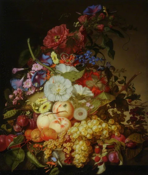 James Hewlett, Still Life with Fruit and Flowers on a Stone Ledge