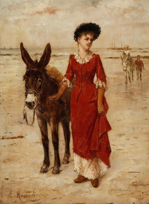 Albert Roosenboom, Young elegant lady with a donkey on the beach
