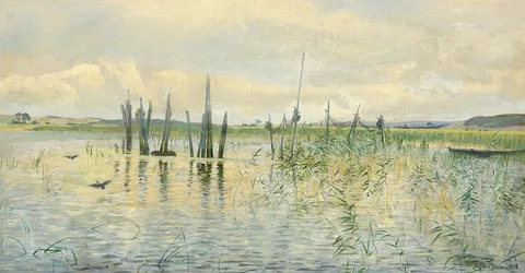 Carl Milton Jensen, View of an inlet with rushes and poles for fish traps.