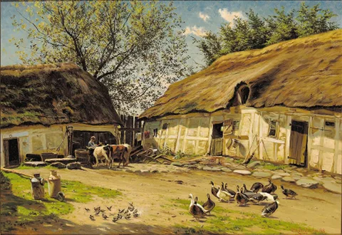 Carl Milton Jensen, Farmyard with a boy watering the cows.