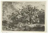 Willem Jan van den Berghe, Landschap met bomen en vrouw op ezel in ondiep water