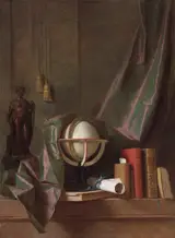 Thomas Germain Joseph Duvivier, A globe, books and statuette on a ledge in an interior, veiled by a curtain