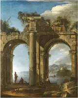 Domenico Roberti, Capriccio with classical architecture and a seaview