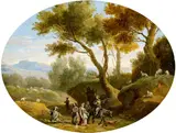 Jan van den Hecke the Younger, Landscape with shepherds and a party with a man on horseback playing a lute