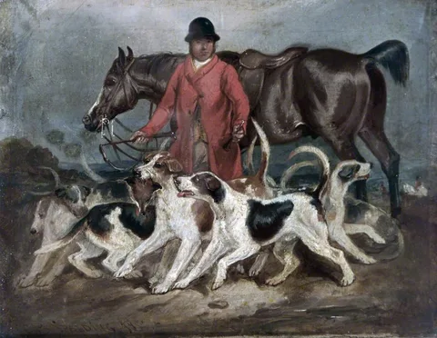 Charles Bilger Spalding, A Huntsman with His Horse and a Group of Hounds