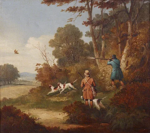 Samuel John Egbert Jones, Woodcock Shooting: two Men with three Dogs