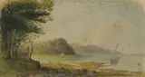 Arthur Wellington Fowles, A river scene with a beached dinghy