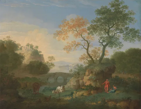William Smith, A Landscape with Distant Classical Ruins, a Bridge, Figures, and Cattle
