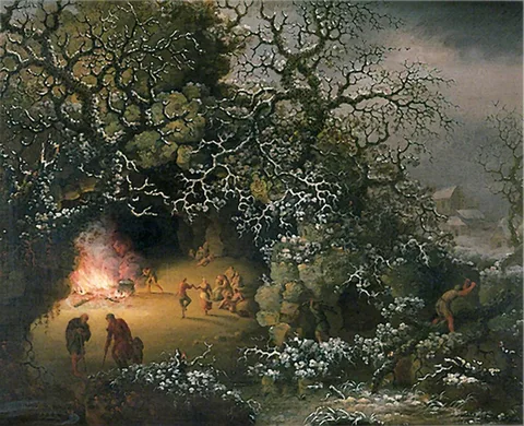 William Smith, Winter Scene of a Cave in the Foreground and a Fire with Figures Dancing