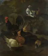 Jacomo Victors, A rooster with chickens, pigeons and a marmot