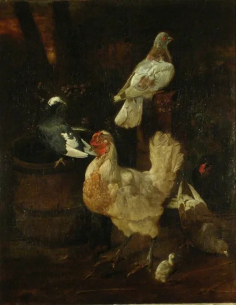 Jacomo Victors, Hens and Pigeons and a Wooden Pail