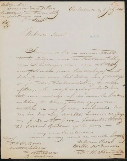 Frederik Hendrik Hendriks, Brief aan de heer Lampsins van der Velden, secretaris van de commissie van de Tentoonstelling van Levende Meesters in Utrecht