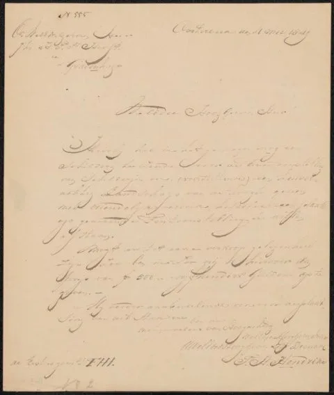 Frederik Hendrik Hendriks, Brief aan jonkheer H.P.F. Hooft, secretaris van de commissie van de Tentoonstelling van Levende Meesters in Den Haag