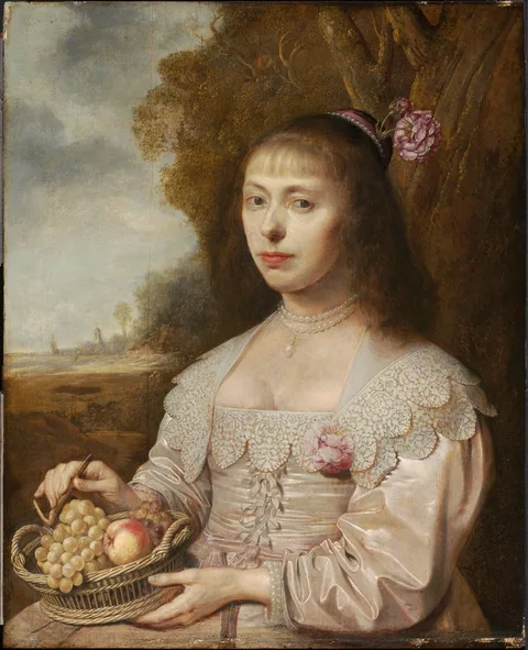 Jacob van der Merck, Portrait of a Young Woman Holding a Basket of Fruit
