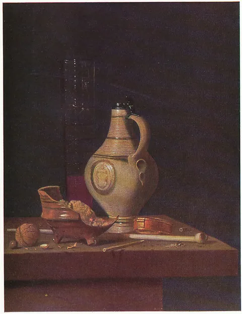 Jan Fris, Still life with crock, passglass, broken brazier and pipe