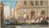 Eugène Lami, Masqueraders Boarding Gondolas before a Venetian Palazzo