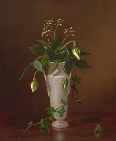 Frederick Batcheller, Myosotis and Roses in a Vase