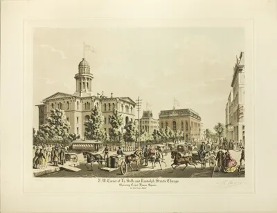 Raoul Varin, N. W. Corner of LaSalle and Randolph, Chicago, Showing Court House Square in the Year 1864