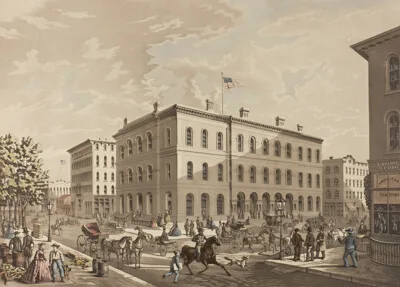 Raoul Varin, N.W. Corner of Dearborn and Monroe Streets, Chicago, Showing the Post Office Building in the Year 1865