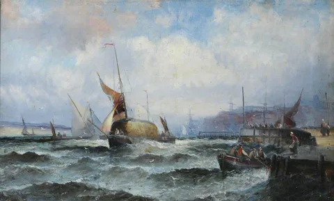 William Anslow Thornbery, Estuary Scene with Thames Barges and People in Rough Weather