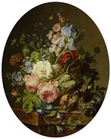 Cornelis van Spaendonck, Open wicker basket of mixed flowers, including iris, roses, poppies, hollyhock, marygold, larkspur and convolulus on a marble ledge with an open pomegrante and a goldfinch with its nest