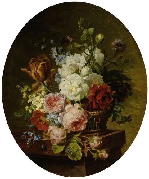 Cornelis van Spaendonck, Open wicker basket of mixed flowers, including tulip, roses, hareball, hollyhock, poppy, larkspur and auricula on a marble ledge