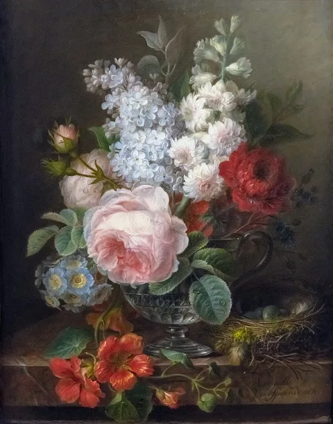 Cornelis van Spaendonck, Cornelis Van Spaendonck - Vase de fleurs avec nid