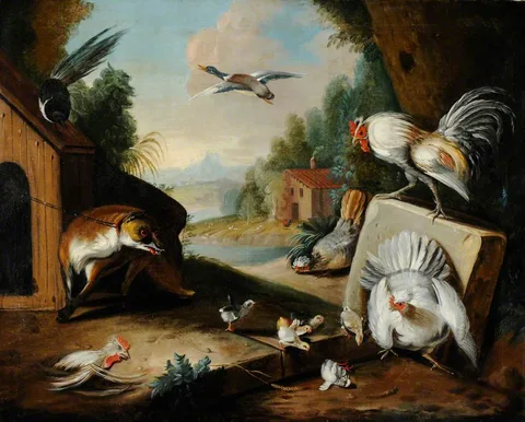 Marmaduke Craddock, A Fox tethered to a Kennel, terrorising a Cock, Hen and Chicks