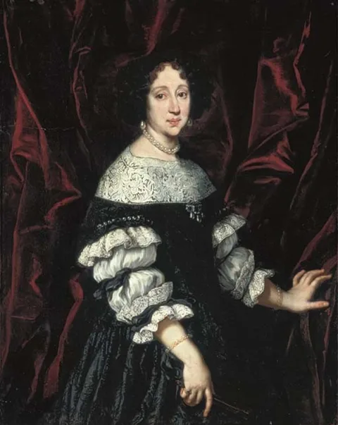 Giusto Sustermans, Portrait of a lady, three-quarter-length, in a silk dress with lace trimmings wearing pearls and holding a fan, before a red velvet curtain