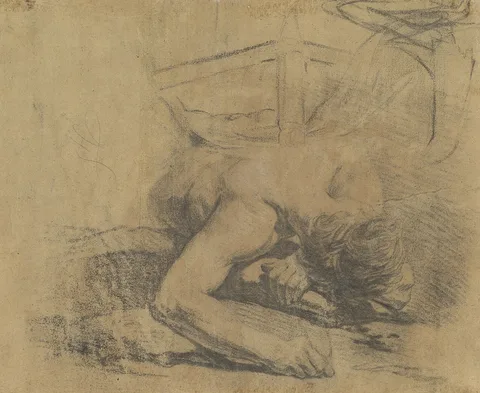 Jean-Baptiste Deshays, Man Reclining on the Ground and the Corner of a Bed [verso]