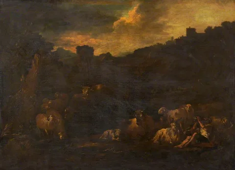 Rosa da Tivoli, Farm Animals in a Landscape with an Old Man Drinking