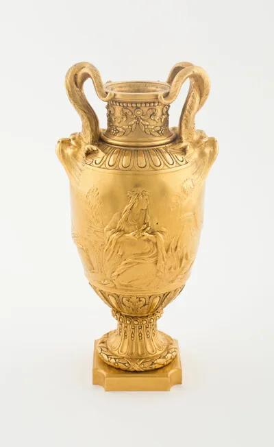 Antiek bronzen figuur door Ferdinand Barbedienne, Vase with Sacrifice Scene
