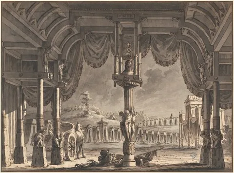 Pietro Gonzaga, Stage Design of an Ancient Roman Encampment by Night (recto)