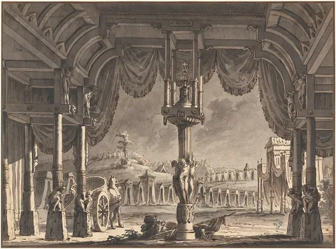 Pietro Gonzaga, Stage Design of an Ancient Roman Encampment by Night (recto)