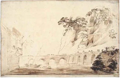 Giovanni Guercino, Landscape with a River Crossed by a Bridge, Lined with Spectators, Leading to a Building with an Overhanging Loggia with a Party of Onlookers